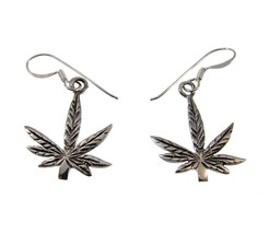 Handcrafted Solid 925 Sterling Silver Marijuana Leaf Drop Dangle Hook Earrings - £15.21 GBP