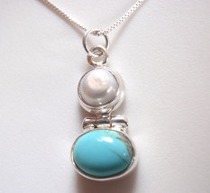 Cultured Pearl and Blue Turquoise Oval 925 Sterling Silver Necklace p308d - £18.69 GBP