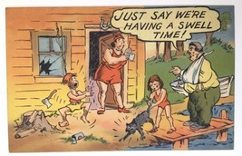 Comics~Just Say We&#39;re Having A Swell Time Family Cabin Scene Vintage Linen PC - £4.48 GBP