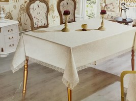 White Tablecloth, Embossed Patterns, Lace Border, Rustic 64x120&#39;&#39; - £77.77 GBP