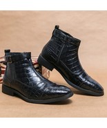 Black Zipper Men Ankle Boots Business Square Toe Motorcycle Boots Crocod... - £61.26 GBP