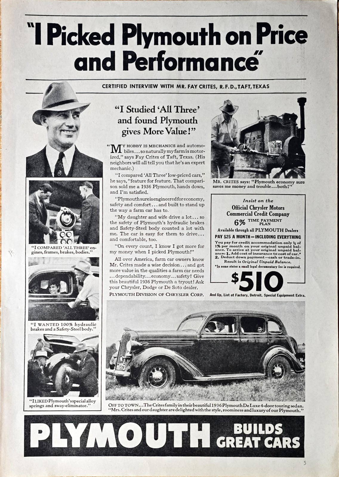 Plymouth Build Great Cars great of price and performance - 1936 Vintage ... - $12.02