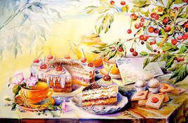 Лето Summer Cherries Cake Food  Postcard printed in Russia UNPOSTED  - £4.42 GBP