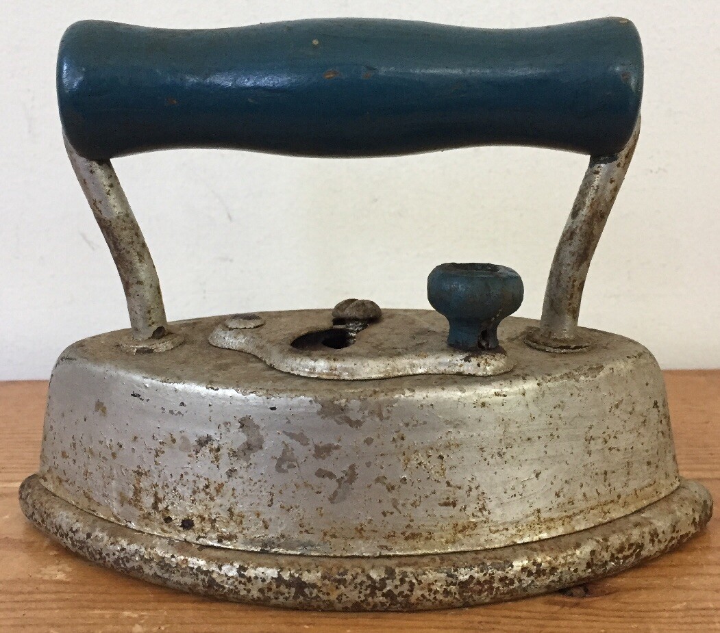 Vtg 1900s Antique Dover Cast Sad Iron Metal Insert Wood Blue Handle Prim... - $39.59