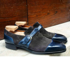 Handmade Men&#39;s Leather Black Blue Suede Monk Strap Cap Toe Formal Shoes-224 - $189.99