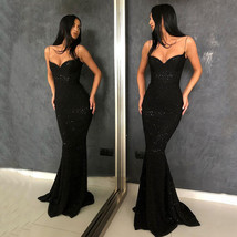 V Neck  Prom Dresses 2023 Mermaid Spaghetti Strap Lace Up Black Evening Dress Se - £86.74 GBP