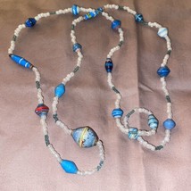 Vintage 30” Beaded Beads Necklace Blue &amp; White - £5.23 GBP