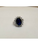 Blue Oval Gem Crystal Ring Silver Colored Band Size 8-10 Ornate - £16.96 GBP