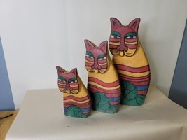 Set of 3 Laurel Burch Style Cats Wood Hand Painted Indonesia G - £15.80 GBP