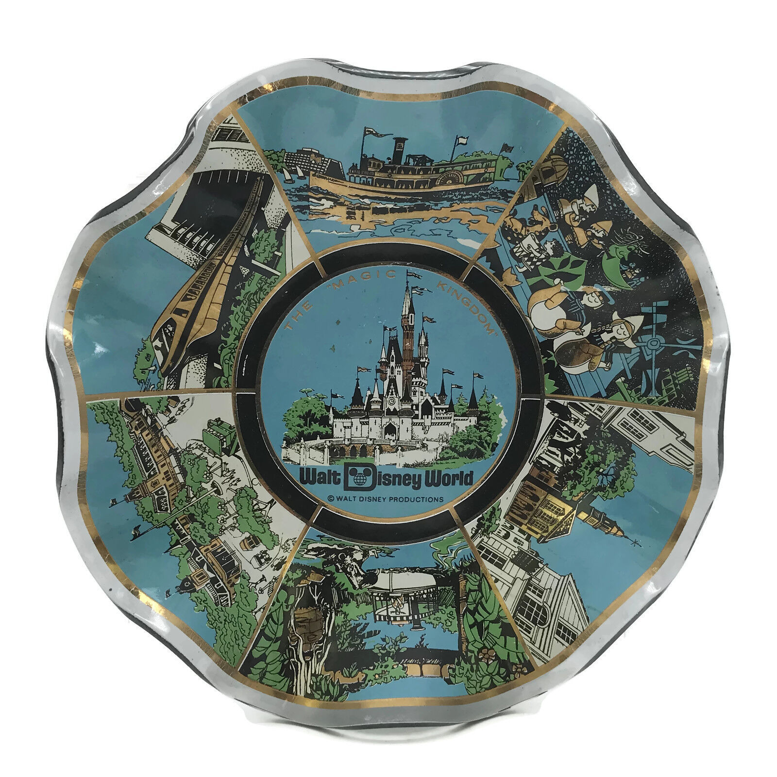 Vintage 1970s Walt Disney World Glass Fluted Edge Bowl Theme Park Souvenir 7" - £16.72 GBP