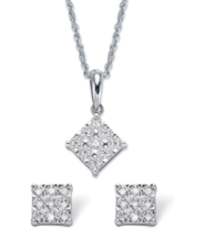 Diamond Squared Cluster Stud Earrings Necklace Set Platinum Sterling Silver - £543.55 GBP