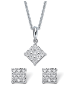 DIAMOND SQUARED CLUSTER STUD EARRINGS NECKLACE SET PLATINUM STERLING SILVER - £531.93 GBP
