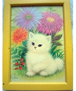 Vintage Mod White Persian Kitten Yellow Framed Print by K Chin - £7.80 GBP