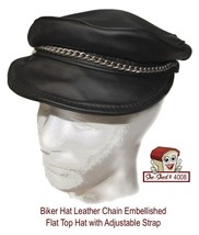 Leather Biker Hat Chain Embellished Flat Top Leather Hat Adjustable Strap Unisex - £14.97 GBP