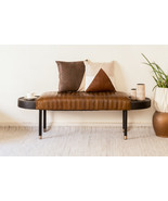 Leather and Mango Wood Bench with Gold Detail, Multipurpose Bench - £362.62 GBP