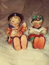 Porcelain Shelf Sitter Figurines Hummel like Boy with Banjo Girl with Music Book image 2