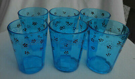 6 Victorian Antique Enamel Optic Blue Lemonade Glasses Floral Hand Painted - £46.06 GBP