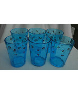 6 VICTORIAN ANTIQUE ENAMEL OPTIC BLUE LEMONADE GLASSES FLORAL  HAND PAINTED - $57.49