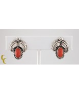 Sterling Silver Vibrant Orange Coral Clip-On Navajo Earrings with Leaf M... - $167.25 CAD