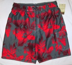 NWT SONOMA Swim Bathing Suit Trunks Gray Red Hibiscus Print 4 Pockets Poly Med - £24.28 GBP