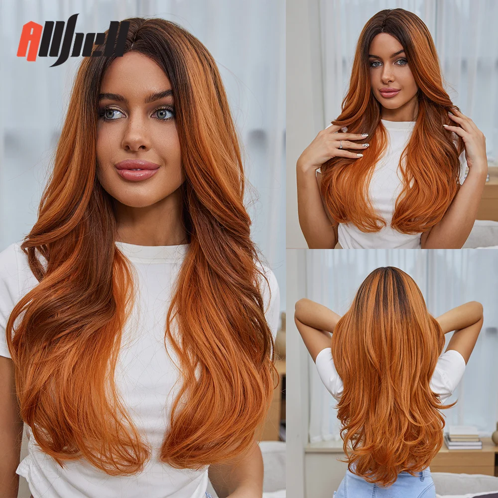 Ombre Orange Synthetic Wigs Long Wavy Hairline Lace Wig for Women Afro Hair Wig - £29.56 GBP+