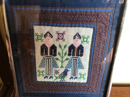 Vtg Ethnic Framed Wall Hanging Textile cross stitch fabric women bird bead like - £17.40 GBP