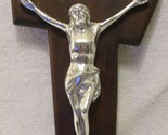 Designer 18&quot; Sculpted Aluminum Wall Crucifix on Wide Dark Wood Cross - $198.00
