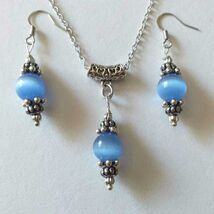 Blue Chrysoberyl Cat eye silver jewelry set Victorian set necklace earri... - $52.00