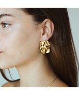 Stunning Stainless Steel 18K Gold Plated Square Fold Large Hammered Earr... - $19.00