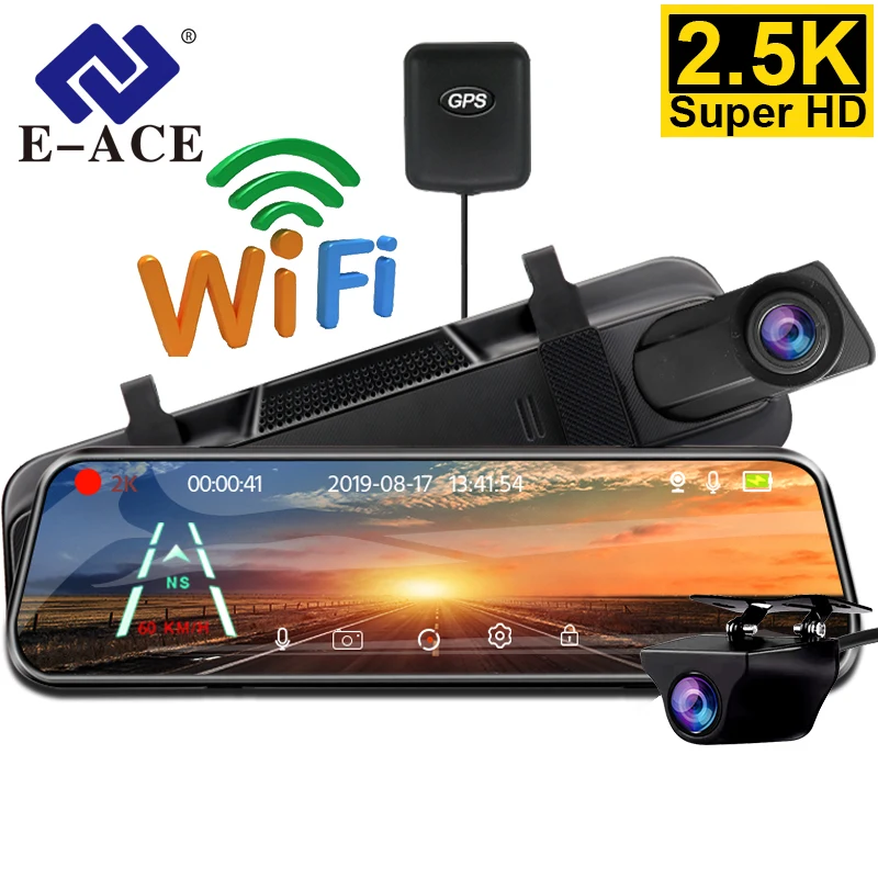 E-ACE Car Mirror DVR GPS WiFi 1440P Dual Cams 9.66 inch Touch Screen Rear View - £61.17 GBP+