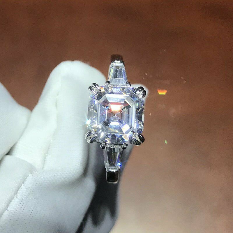 3Ct Asscher Cut VVS1 Diamond Three Stone Engagement Ring 14K White Gold Finish Item image 2