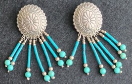 Sterling Silver Vintage Southwestern Concho Turquoise Fringe Duster Earrings  - £61.60 GBP