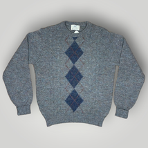 Vintage Shetland Wool Crewneck Pullover Argyle Lord Jeff 1970s Gray Blue Large - £57.08 GBP