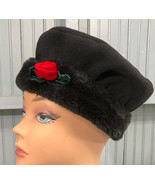 Girls Black Faux Fur Fleece Rose Floral 42cm Winter USA Hat  - £9.44 GBP