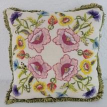 Spring Floral Crewel Pillow Linen Handmade Jacobean Pink Finished 13&quot; EVC - £27.93 GBP