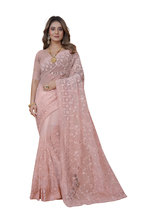 Designer Peach Heavy Resham Stone Embroidery Work Sari Net Party Wear Saree - £71.14 GBP