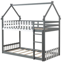 Twin Over Twin Bunk Bed with Fence and Ladder for Kids-Gray - Color: Gray - Size - $383.81