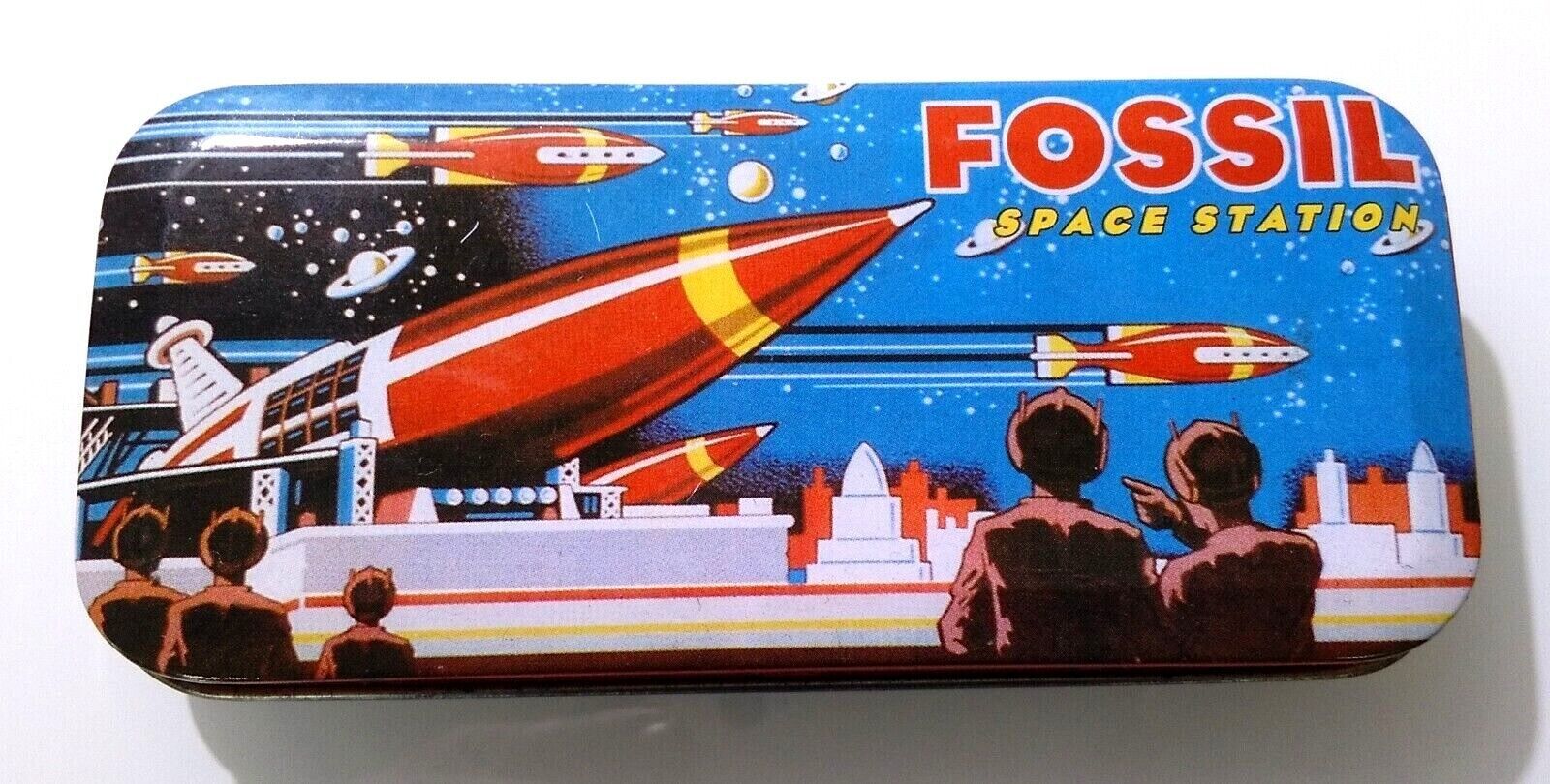 FOSSIL SPACE STATION ✱ Beautiful Rare Vintage Watch Tin Can 1995 Original EMPTY - $29.99