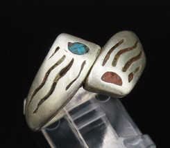 SOUTHWESTERN 925 Silver - Vintage Turquoise &amp; Coral Bypass Ring Sz 7 - R... - $77.35