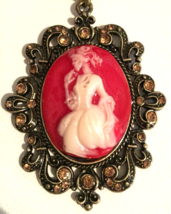 Necklace Gothic/Punk style cameo skeleton in dress, red handmade 18 inch chain - £6.73 GBP