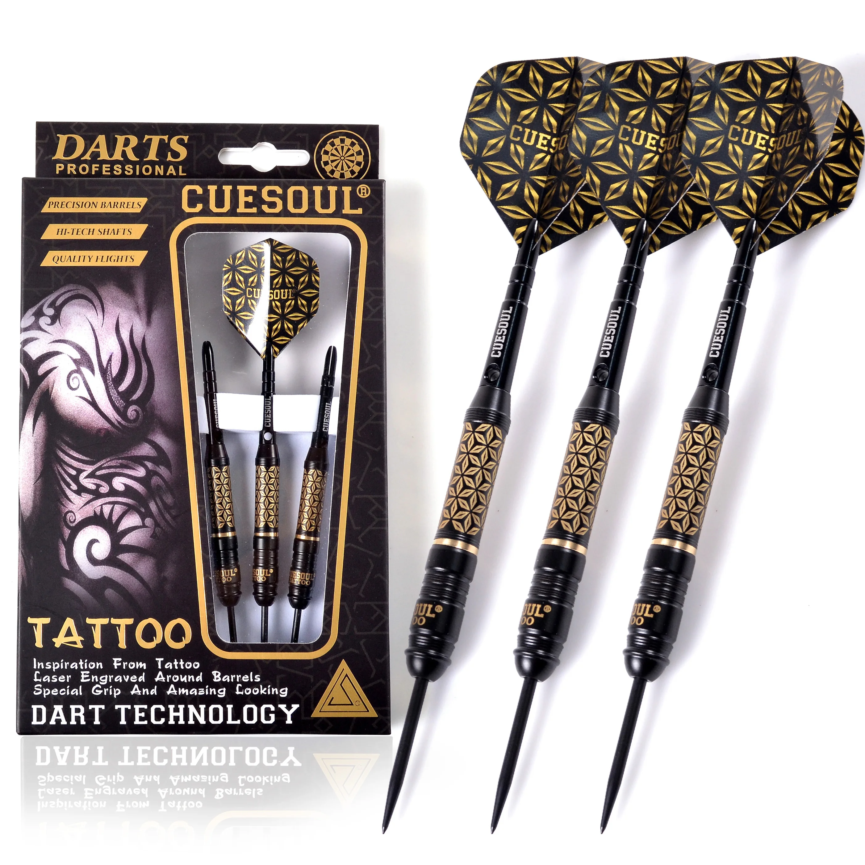 CUESOUL TATTOO Series 23g Black Coated ss Steel Tip Darts,with Unique Pattern En - £130.12 GBP