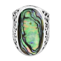 Bold Large Oval Abalone Sterling Silver Intricate Heart Filigree Ring-7 - £24.29 GBP