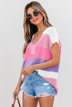 Pink Color Block Notch V Neck Sweater T Shirt - $14.23