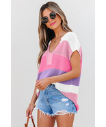Pink Color Block Notch V Neck Sweater T Shirt - $260.95 MXN