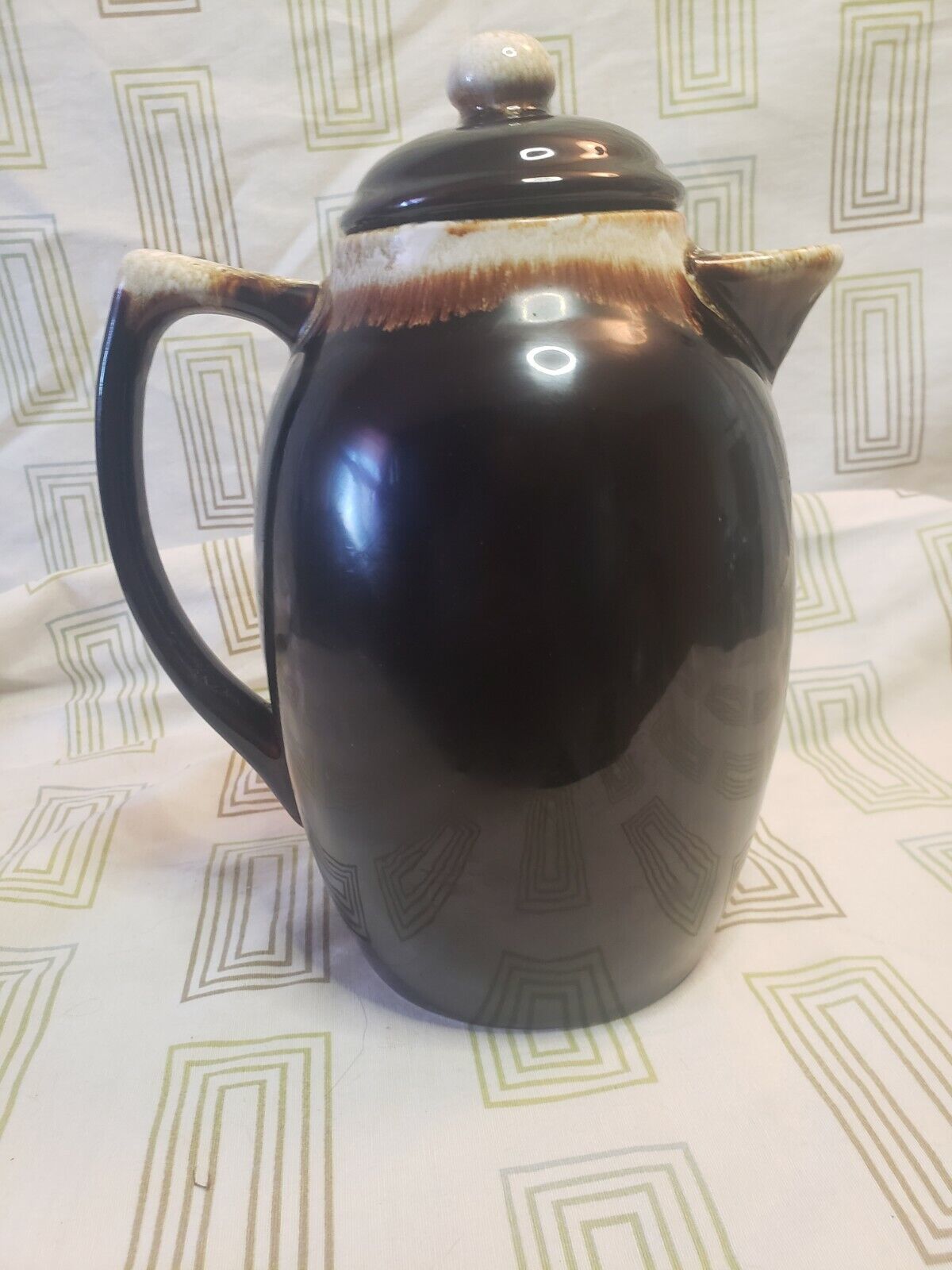 PFALTZGRAFF No. 303 pitcher and lid white speckled drip-glaze on dark brown - $10.65
