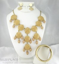 Jewelry Set Tan Statement Necklace Bangle Bracelet &amp; Earrings Gold Tone - £11.67 GBP