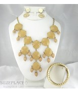 JEWELRY SET TAN STATEMENT NECKLACE BANGLE BRACELET &amp; EARRINGS GOLD TONE - $20.24 CAD