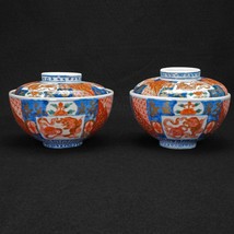 Pair Meiji 19th C Arita Imari Chawan Lidded Bowls - £171.24 GBP