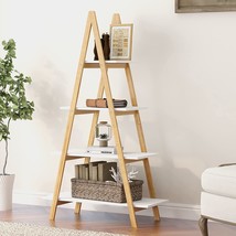 Oqsc 4-Tier Ladder Bookcase With Solid Bamboo Frame, A-Frame, White/Wood. - £93.46 GBP