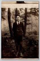 RPPC Young Man Posing For Photograph In The Forest Postcard O22 - £5.54 GBP